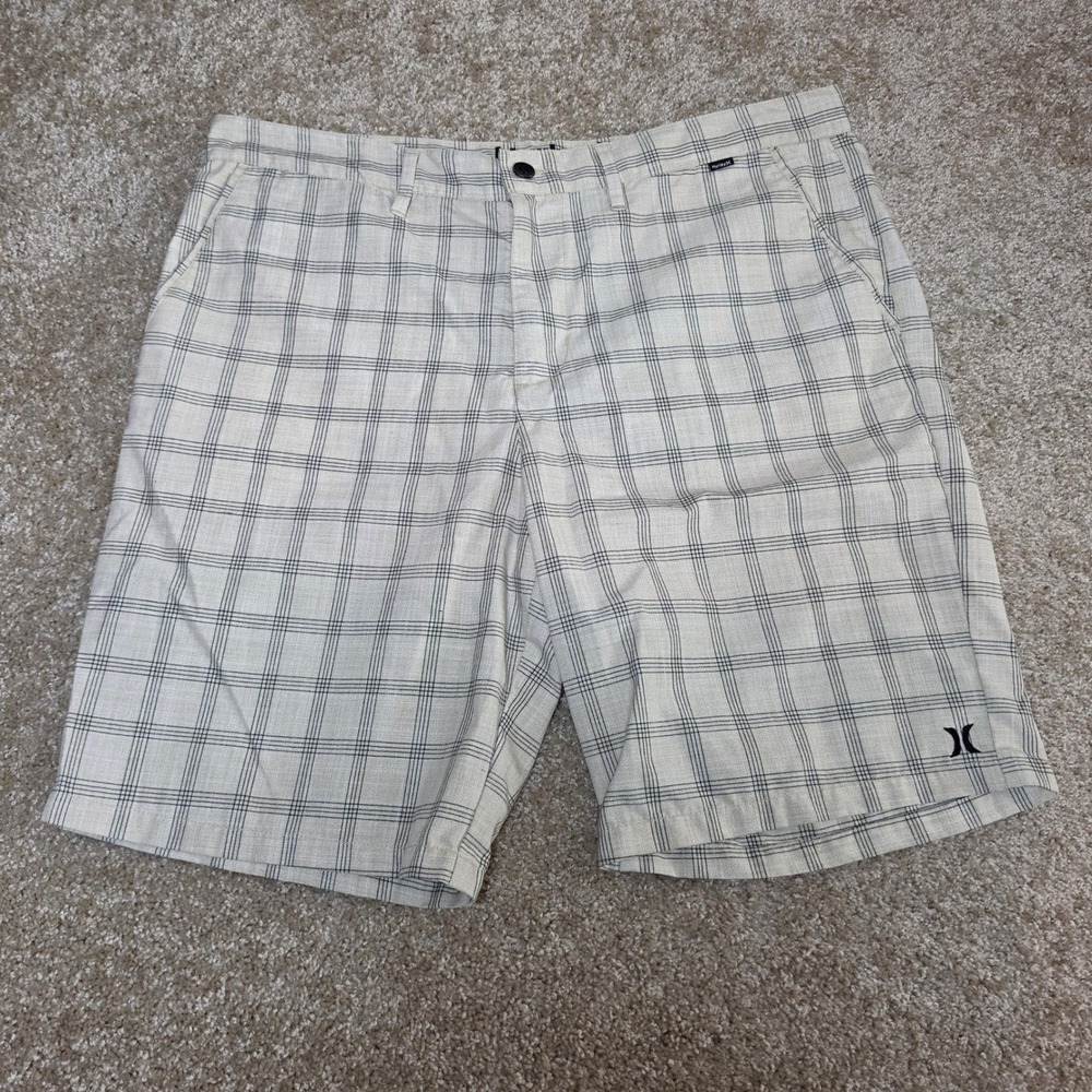 Hurley Shorts Plaid Tan‎ Black Polyester Rayon Blend Casual Surf Mens 38